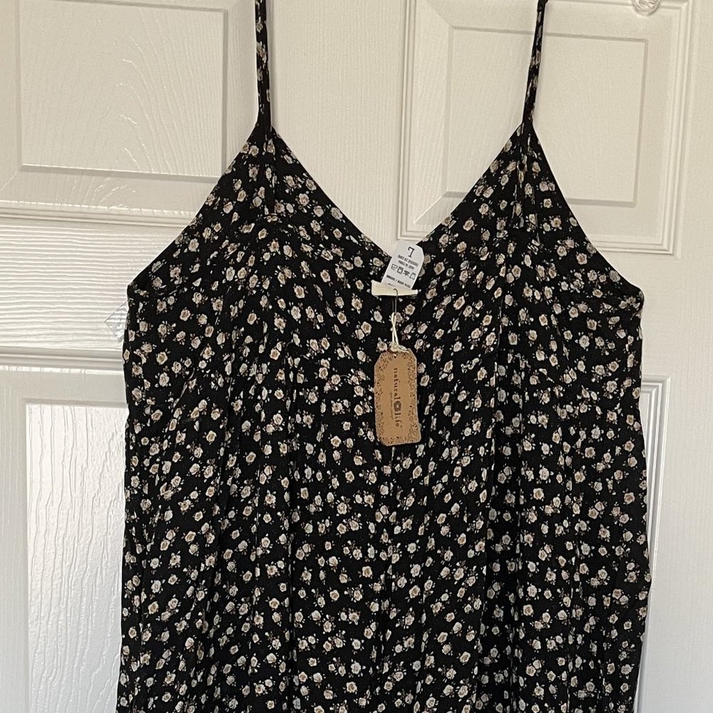 Natural Life Women's Bohemian Black Floral Romper in size large- NWT
